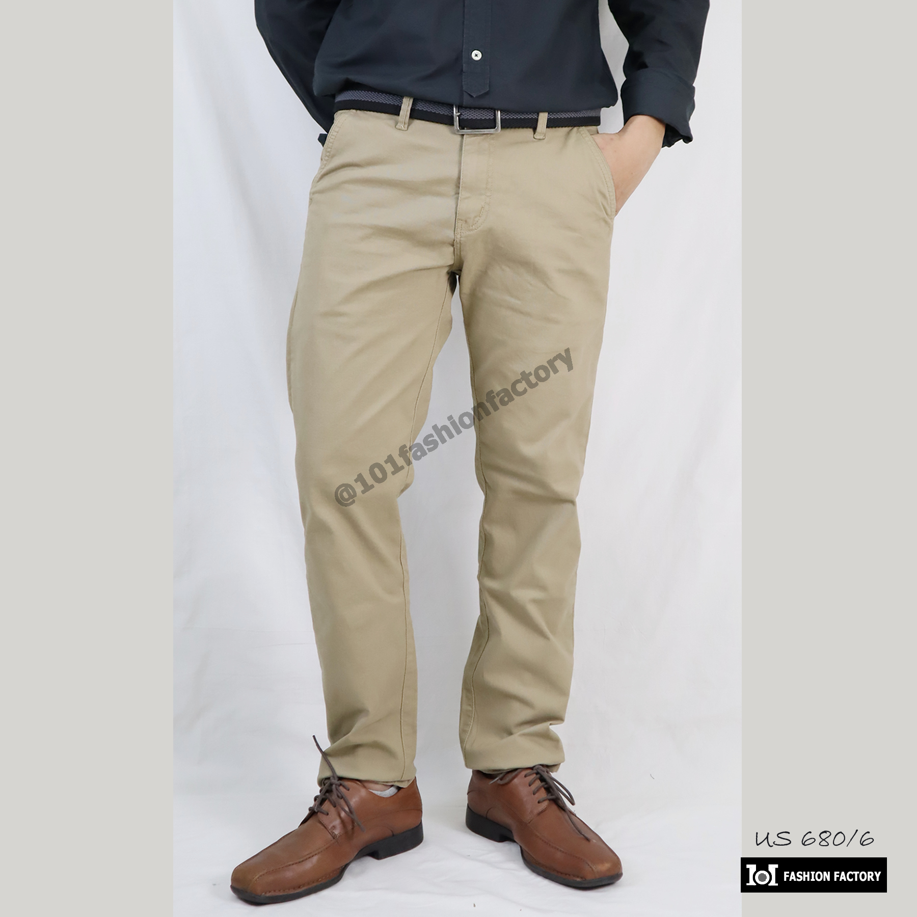 กางเกงขายาวเบสิค NO.680/6 ผ้ายืดทรงกระบอกเล็ก ทำงาน เที่ยว สีกากี | US101