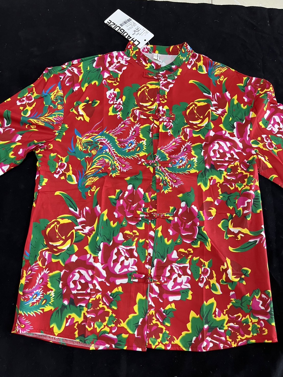 เสื้อจีนชายลายดอกไม้สีแดง