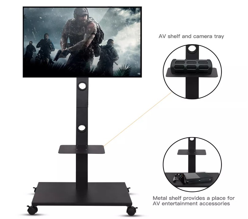 ขาตั้งพื้นทีวีล้อเลื่อน ล็อคได้ รุ่นU-690-LZ TV Stand with Shelf รองรับจอแอลอีดีทีวีได้ ขนาดจอภาพ 32-65 นิ้ว เหล็กหนาสามารถปรับระดับความสูงได้ ขาตั้งทีวี