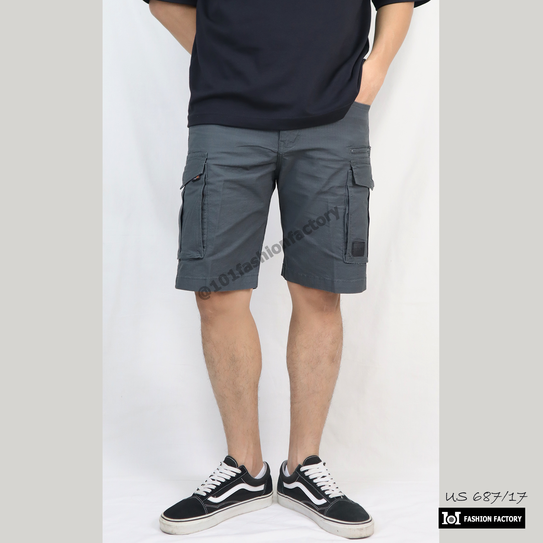กางเกงคาร์โก้ชาย No.687/17 ขาสั้นวินเทจ ผ้ายืดทนทานสูง สีเทา | US101