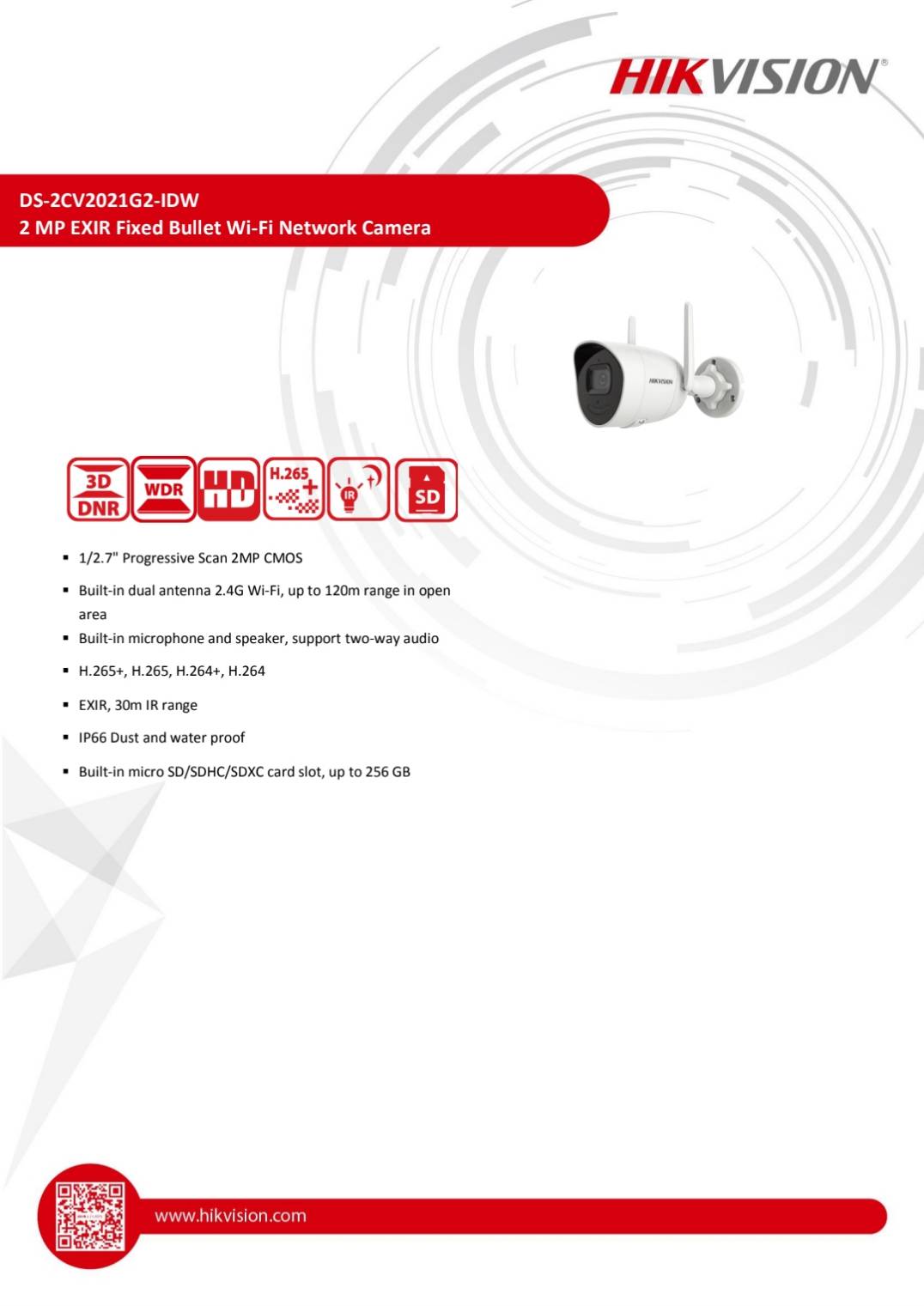 Hikvision HIKVISION กล้องวงจรปิด WIFI 2 ล้านพิกเซล รุ่น DS-2CV2021G2-IDW (มีไมค์) “ต้องใช้กับเครื่องบันทึกเท่านั้น”