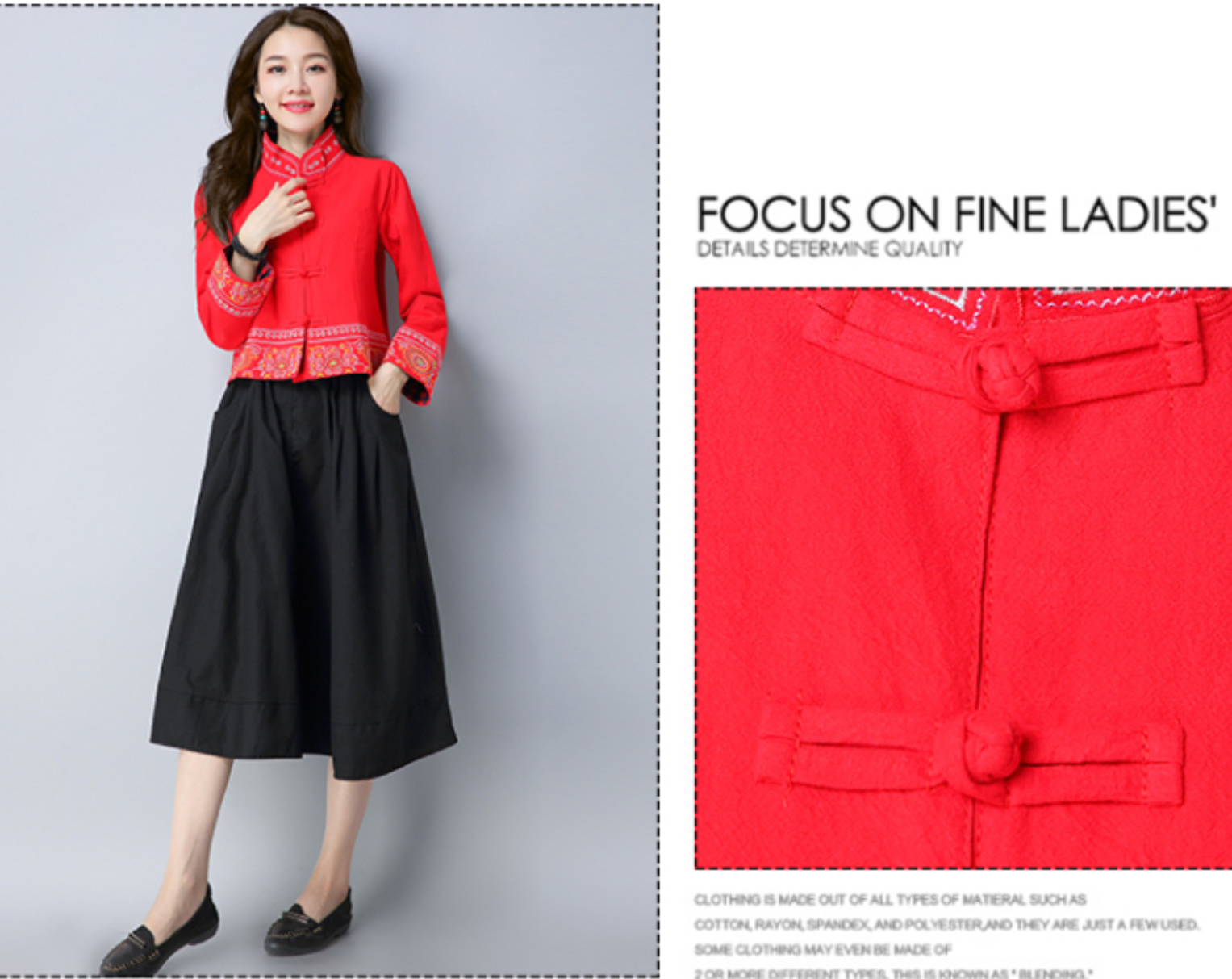 เสื้อจีนหญิงลายปัก สีแดง รหัส SH 65 สินค้าพร้อมส่ง