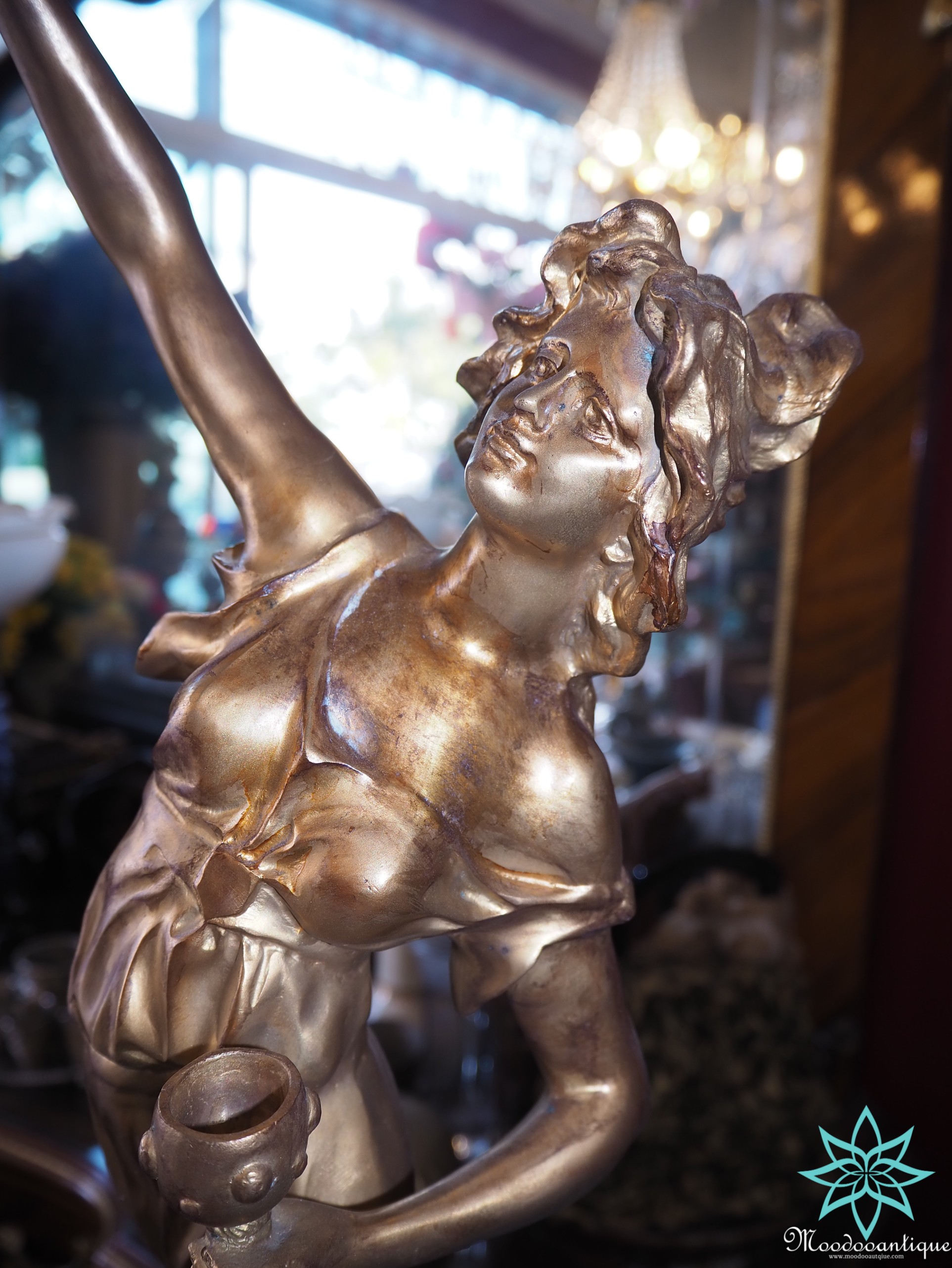 เชิงเทียนบรอนซ์รูปปั้นเทพีคู่งาน Art Nouveau Antique L&F Moreau