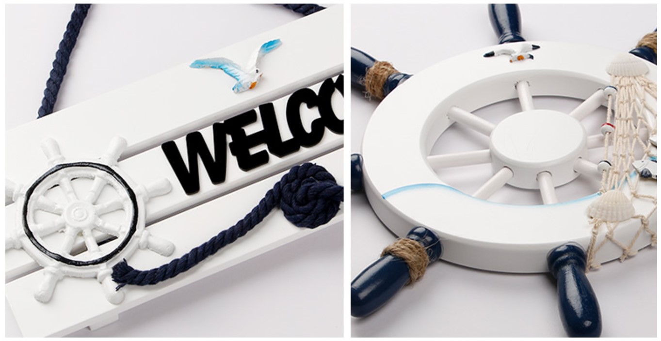 ชุดกรอบรูปติดผนังแนวทะเล Mediteranean Style 5 กรอบรูปไม้ 11 ชิ้น พร้อมภาพและของตกแต่งแนวทะเล