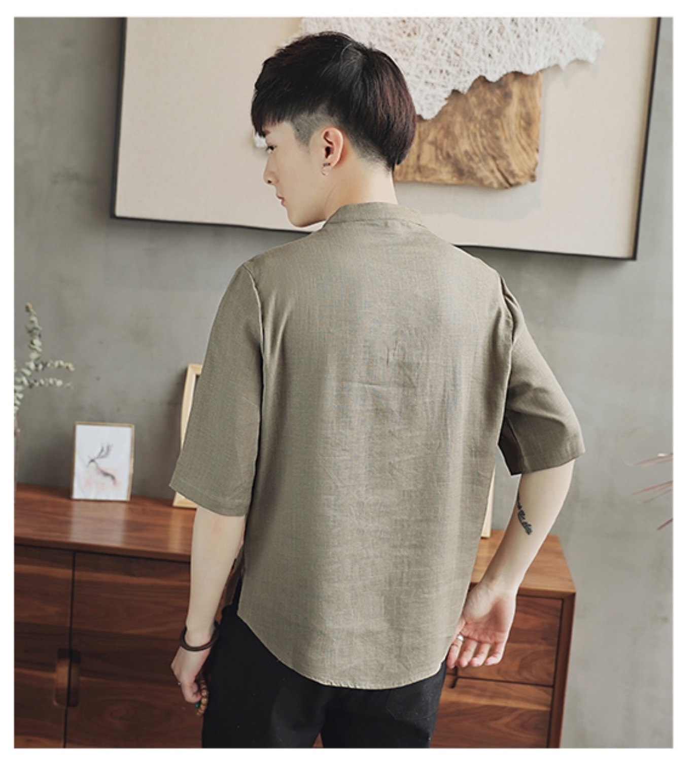 เสื้อผู้ชาย ผ้าลินิน สีน้ำตาลอ่อน รหัส FO 74 สินค้าพร้อมส่ง