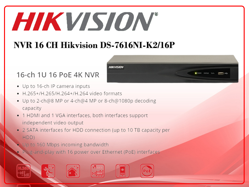 เครื่องบันทึก HIKVISION NVR รุ่น DS-7616NI-K2/16P จำนวน 16 ช่อง H.265
