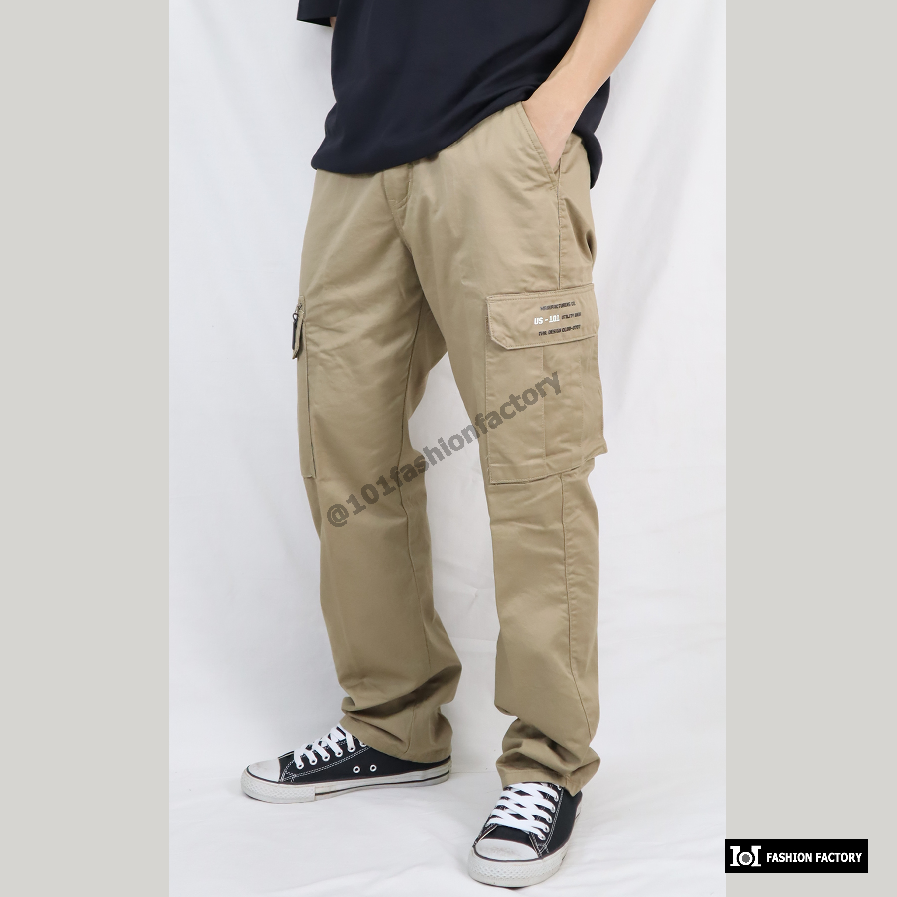 กางเกงคาร์โก้กระเป๋าข้าง NO.707/6 ขาตรงทรงหลวมกระบอกธรรมดา สีกากี | 101FashionFactory