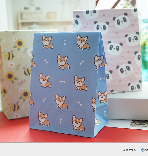 โปรโมชั่น//ถุงกระดาษสีแบบฐานตั้ง ไม่มีหูหิ้ว ไซส์เล็ก 23*12*8 ลายหมาคอร์กี้ พื้นฟ้า
