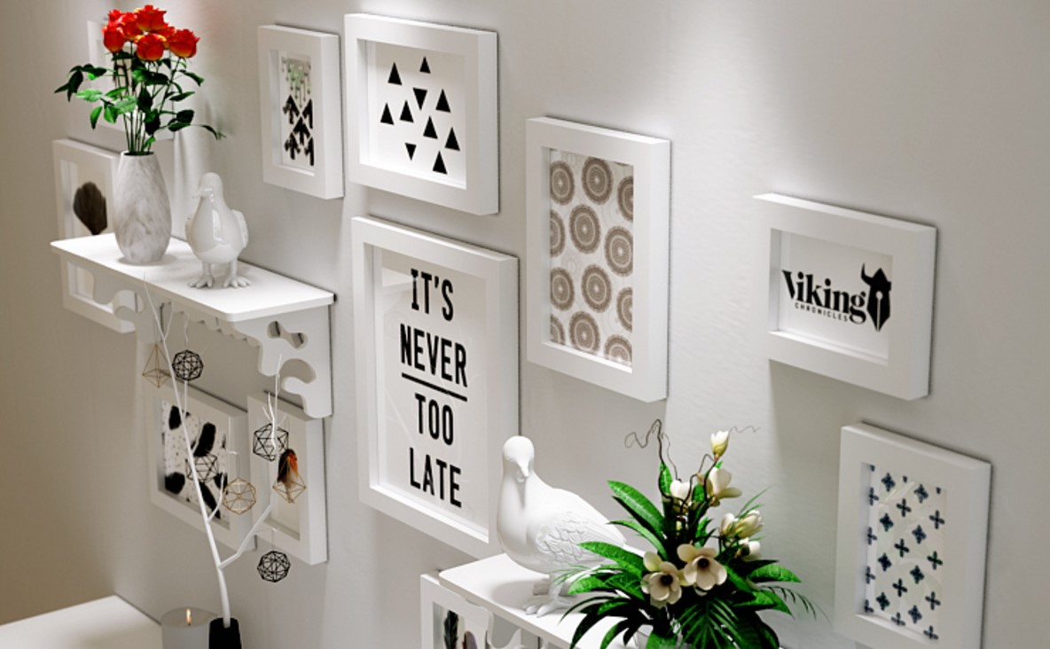 ชุดกรอบรูปติดผนัง White11+ชั้นวาง กรอบรูปไม้สีดำ 11 ชิ้น+ ชั้นวาง พร้อมรูปภาพตามแบบและวัสดุติดตั้ง