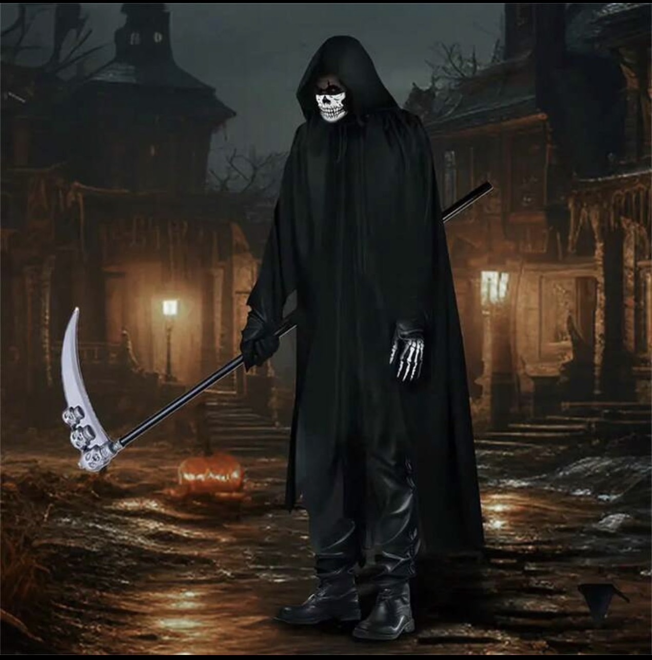 ชุดผู้เก็บวิญญาณ เสื้อคลุม+เคียว+หน้ากาก+ถุงมือเรืองแสง