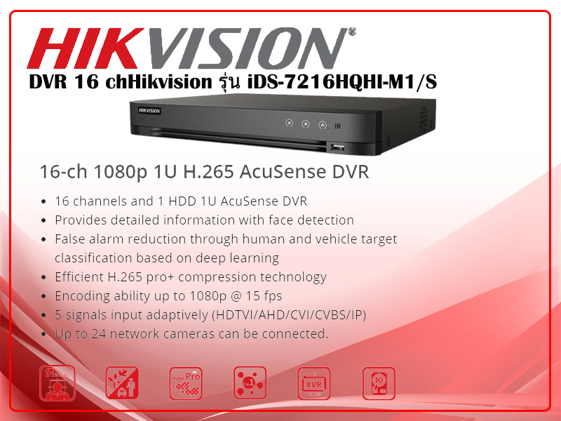DVR 16-ch 1080p 1U H.265 AcuSense DVR Hikvision รุ่น iDS-7216HQHI-M1/S