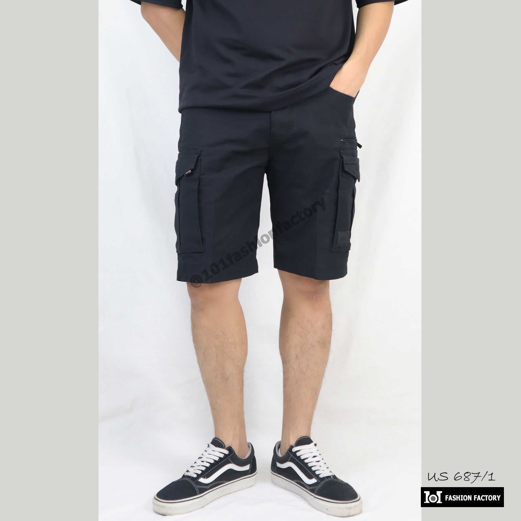 กางเกงคาร์โก้ชาย No.687/1 ขาสั้นวินเทจ ผ้ายืดทนทานสูง สีดำ | US101