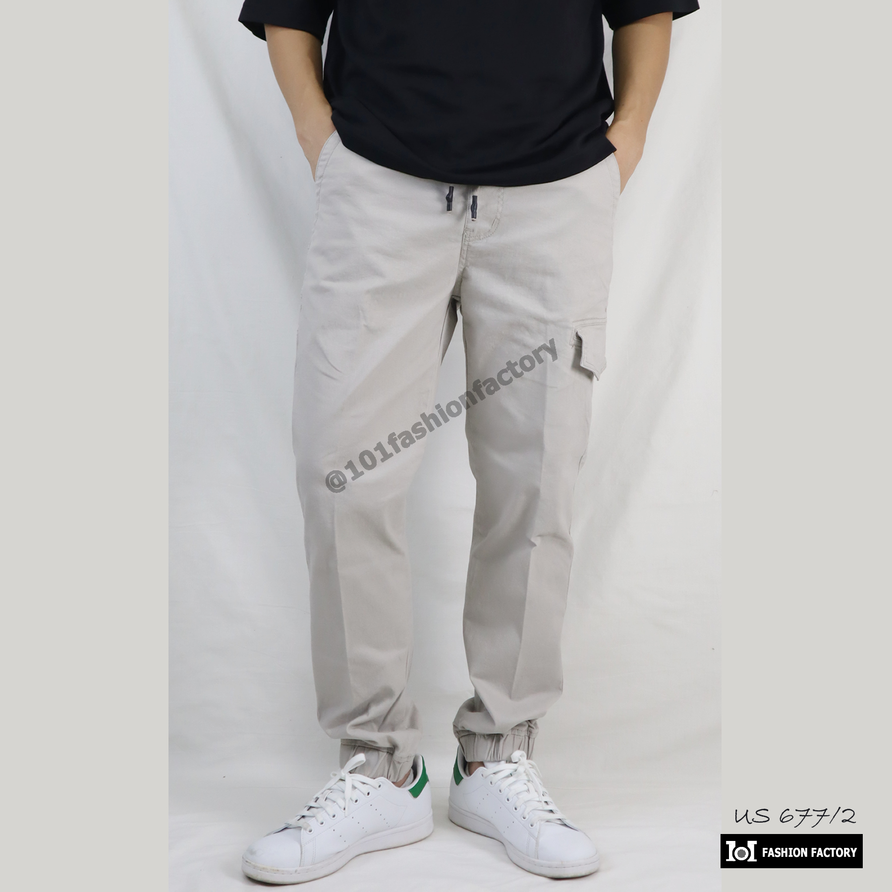 กางเกงขาจั้มคาร์โก้ No.677/2 Legular Fit กระเป๋าข้างผ้ายืดคล่องตัว สีครีม | US101