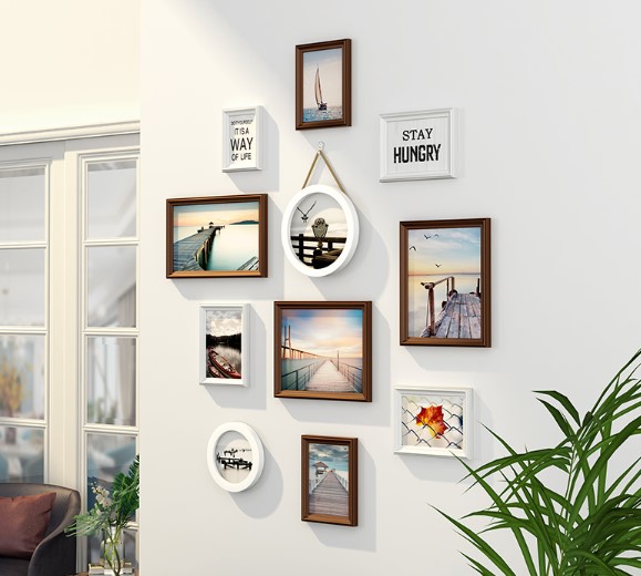 ชุดกรอบรูปติดผนัง Vertical set 11 (Brown&White-View) กรอบรูปไม้ 9 ชิ้นพร้อมภาพตามแบบ + รูปแคนวาส 2 ชิ้นและวัสดุติดตั้ง