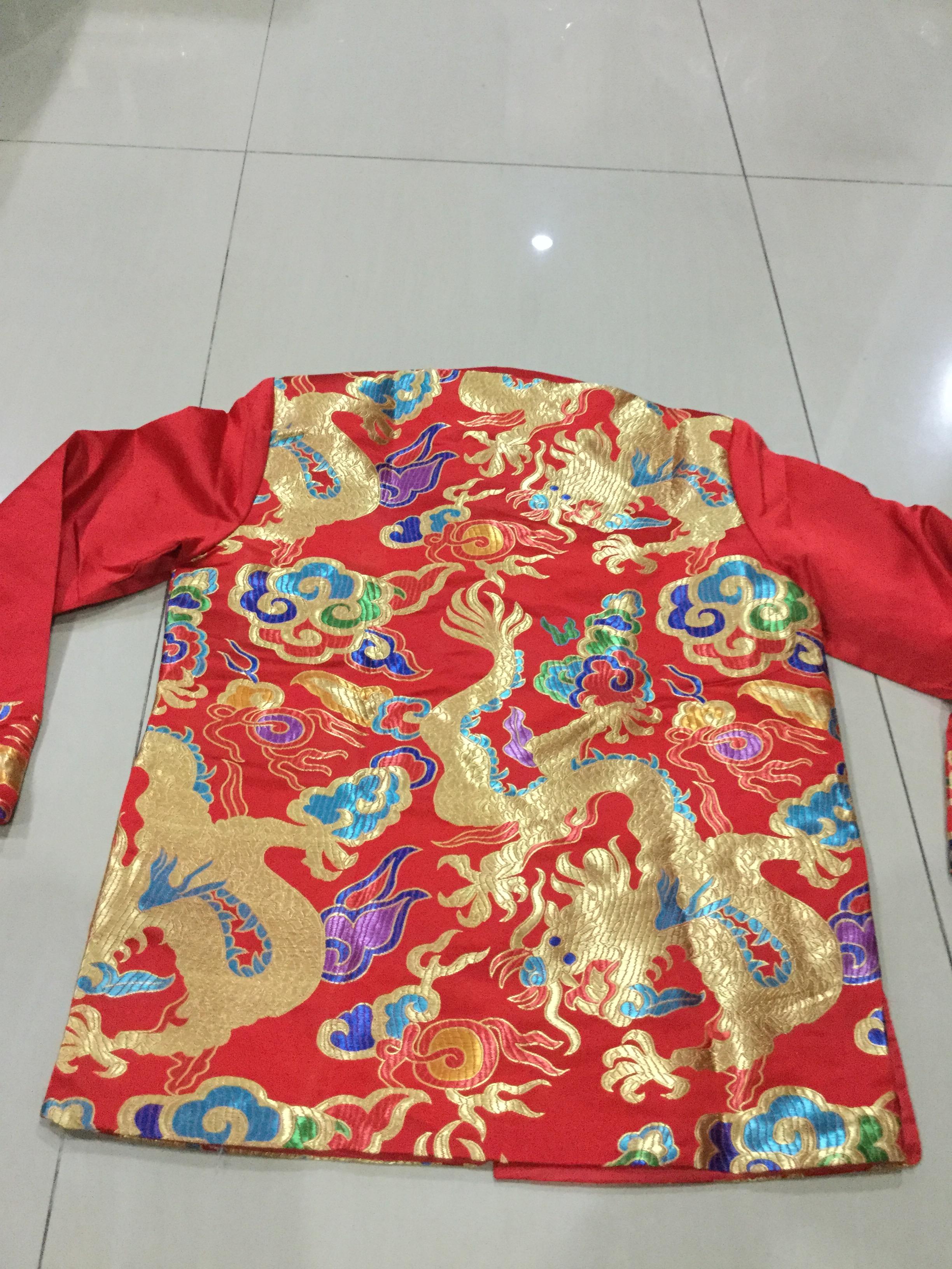 เสื้อจีนผู้ชายสีแดงลายมังกร 2 ด้าน สีทองน้ำเงิน ZH135 พร้อมส่ง