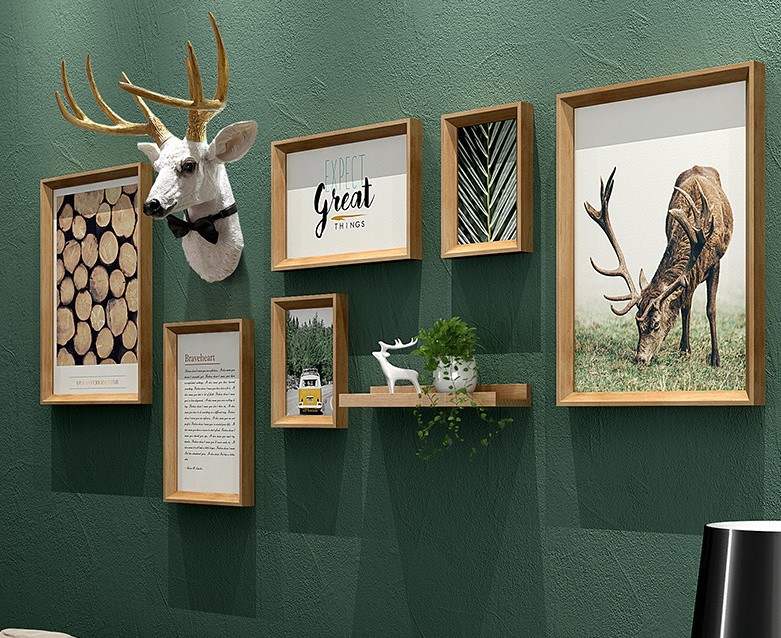 ชุดรูปกรอบลอยพร้อมหัวกวาง White Stag Head (Timber) ภาพกรอบลอย6ชิ้น+หัวกวาง+ชั้นวางพร้อมวัสดุติดตั้ง