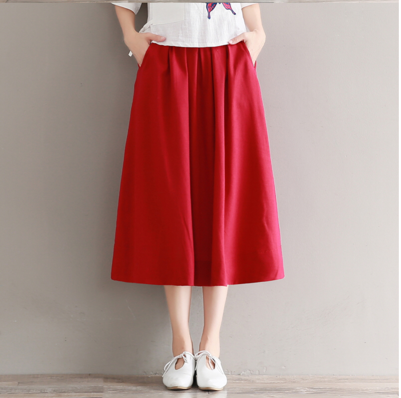 กระโปรงผ้าฝ้าย สีแดง / สีน้ำเงิน / สีเขียว รหัส H 38 สินค้าพร้อมส่ง