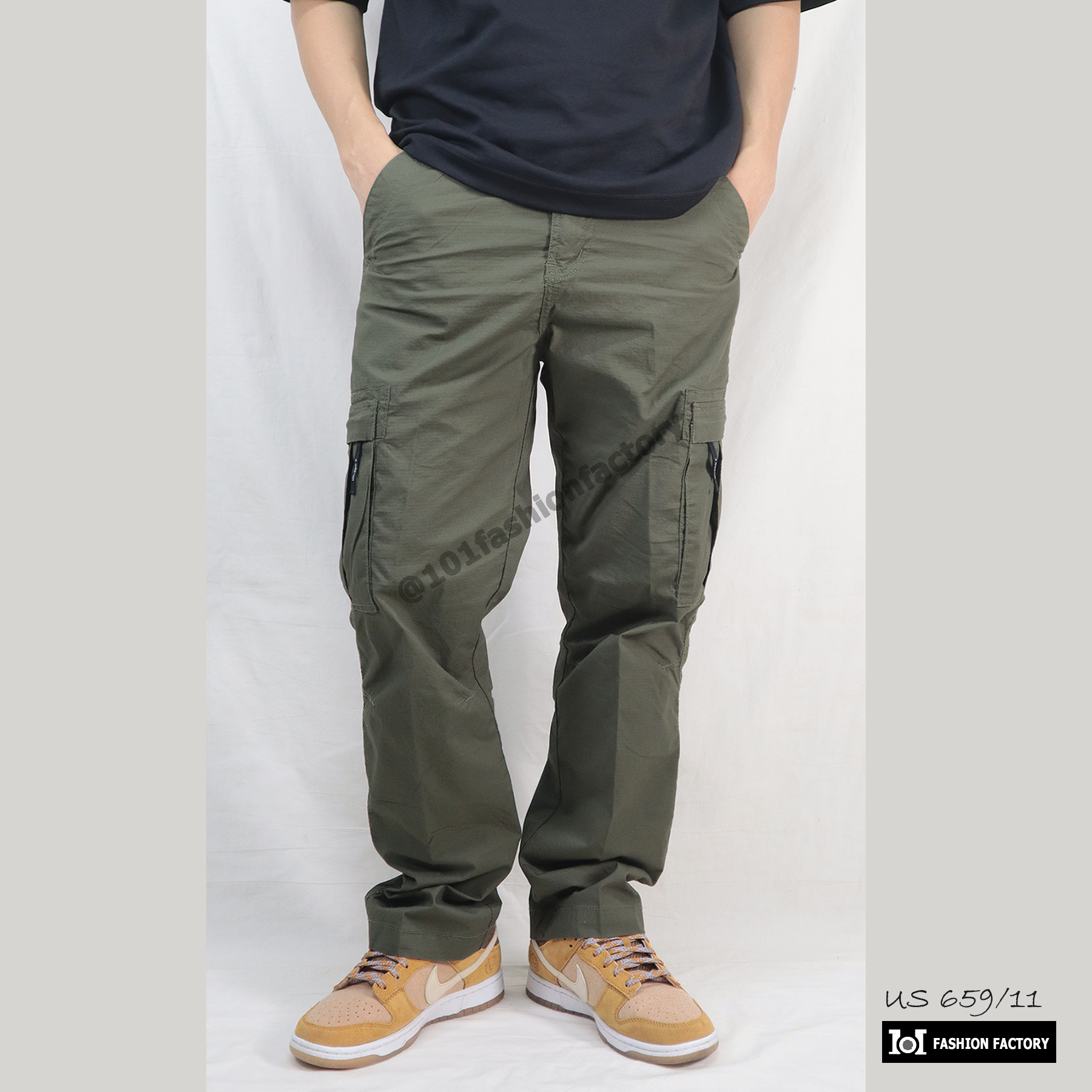 กางเกงคาร์โก้กระเป๋าข้าง NO.659/11 Legular Fit ผ้ากันลมยืดทรงกระบอก สีขี้ม้า | US101