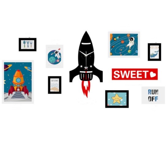 ชุดกรอบรูปติดผนัง Rocket Clock กรอบรูป 8 ชิ้น+งานไม้ตกแต่ง+นาฬิกาจรวด พร้อมรูปภาพตามแบบและวัสดุติดตั้ง