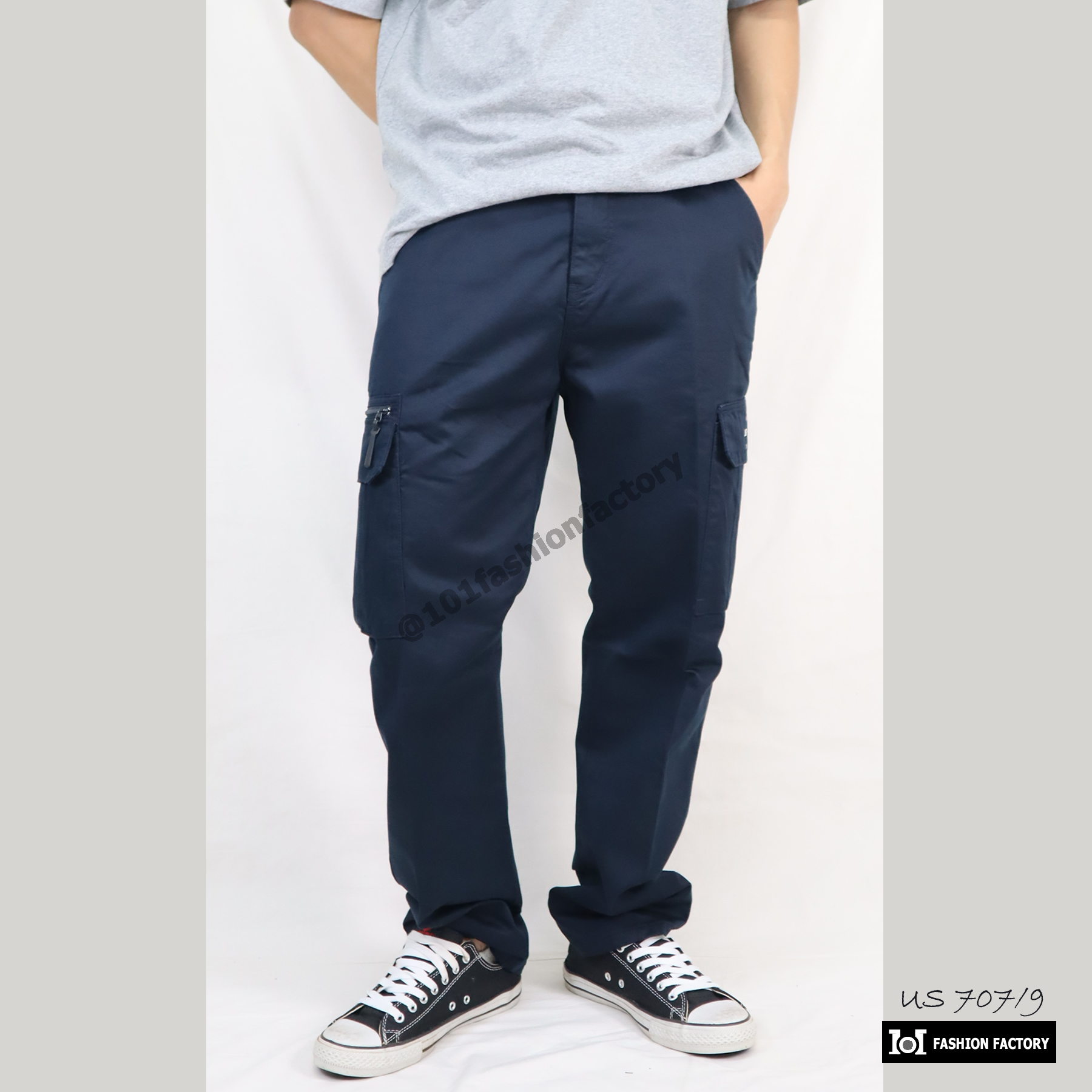 กางเกงคาร์โก้กระเป๋าข้าง NO.707/9 ขาตรงทรงหลวมกระบอกธรรมดา สีกรม | 101FashionFactory
