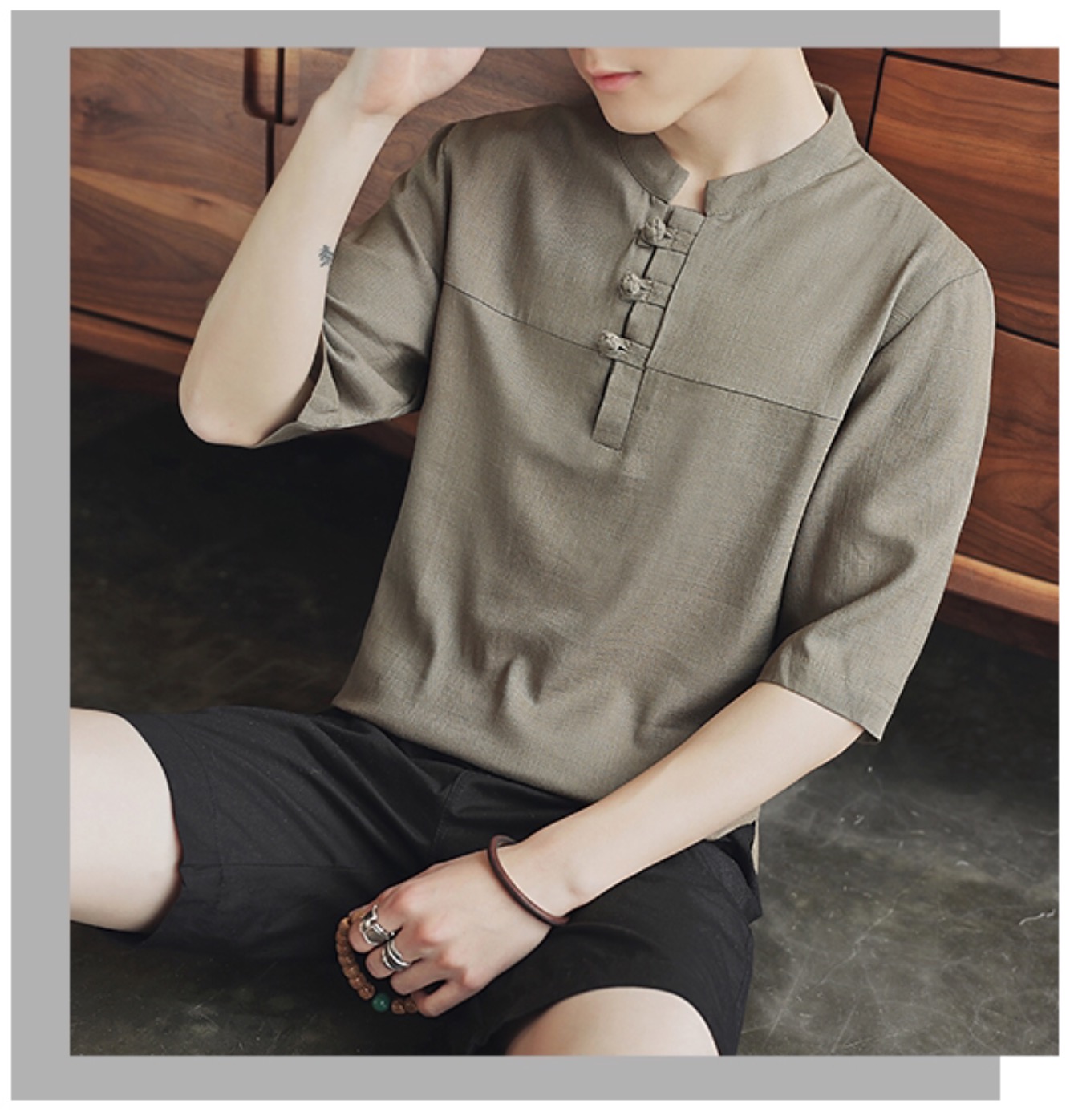 เสื้อผู้ชาย ผ้าลินิน สีน้ำตาลอ่อน รหัส FO 74 สินค้าพร้อมส่ง