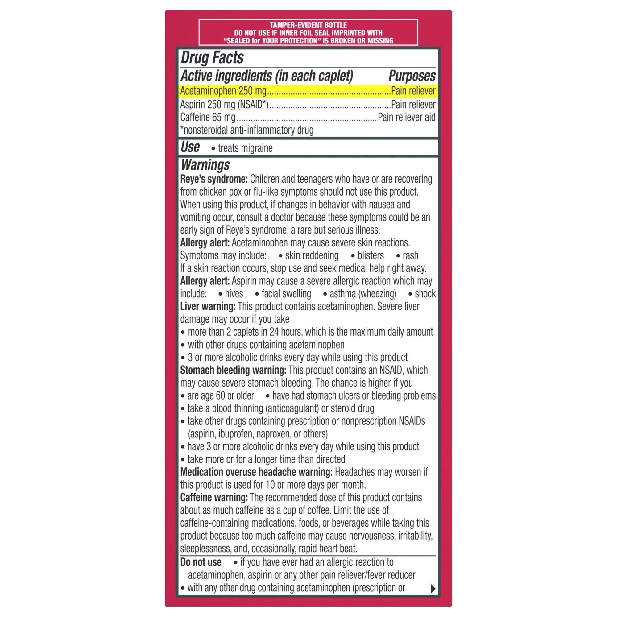 Excedrin Migraine 100 เม็ด ยาบรรเทาอาการไมเกรน วิงเวียนศรีษะ คลื่นไส้ หมดอายุ 06/2027