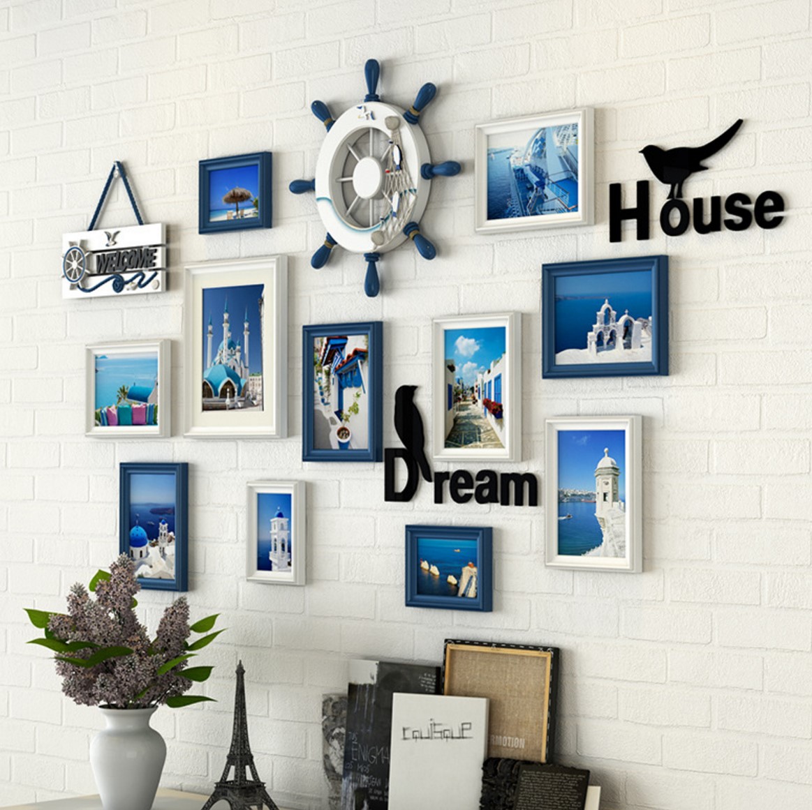 ชุดกรอบรูปติดผนังแนวทะเล Mediteranean Style 5 กรอบรูปไม้ 11 ชิ้น พร้อมภาพและของตกแต่งแนวทะเล