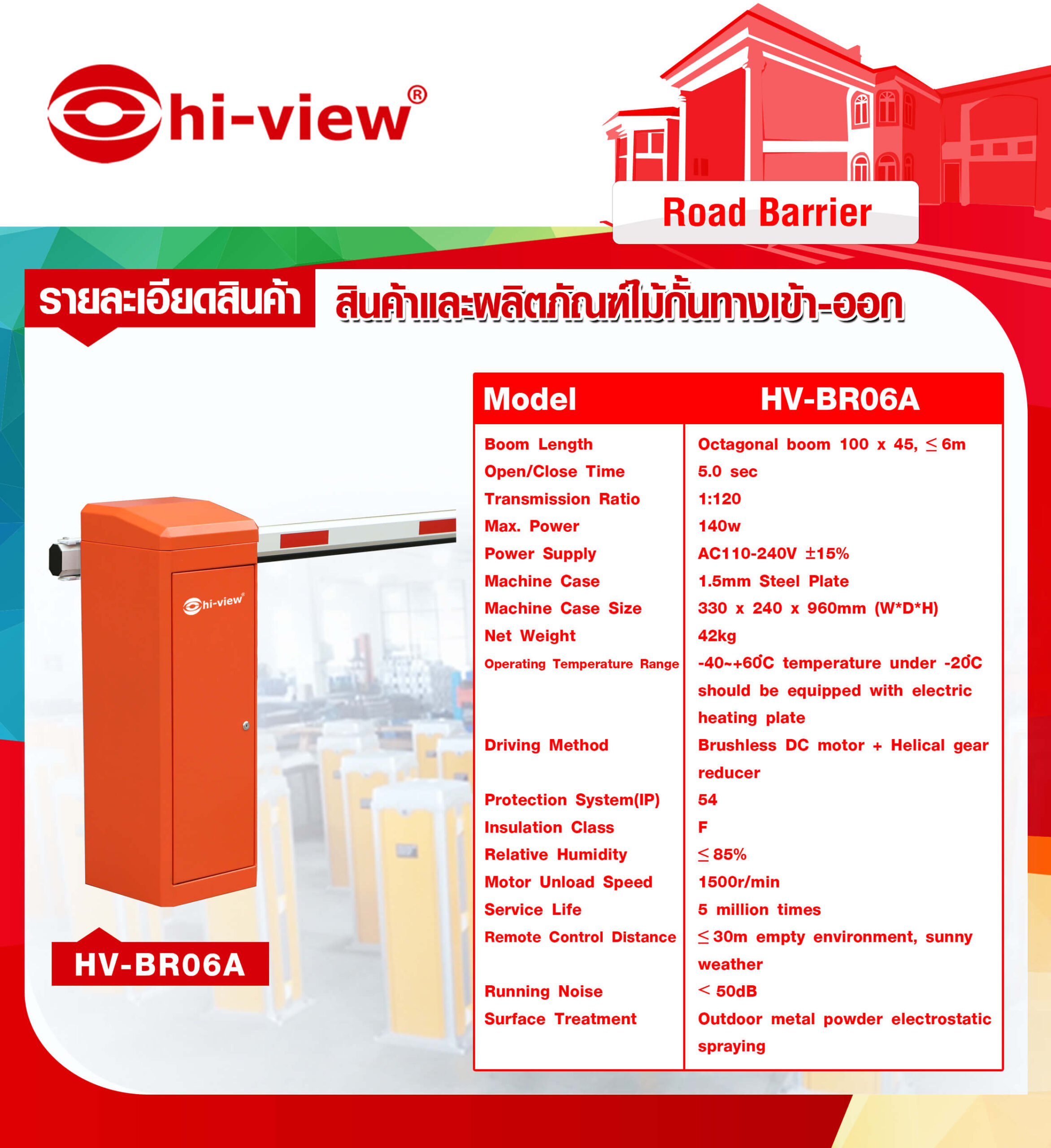 HV-BR06A ไม้กั้นทางอัตโนมัติ พร้อมชุดอุปกรณ์ โฟโตเซล ปุ่มกด รีโมท แขนไม้กั้น เหมาะกับการติดตั้งแบบมี รปภ.