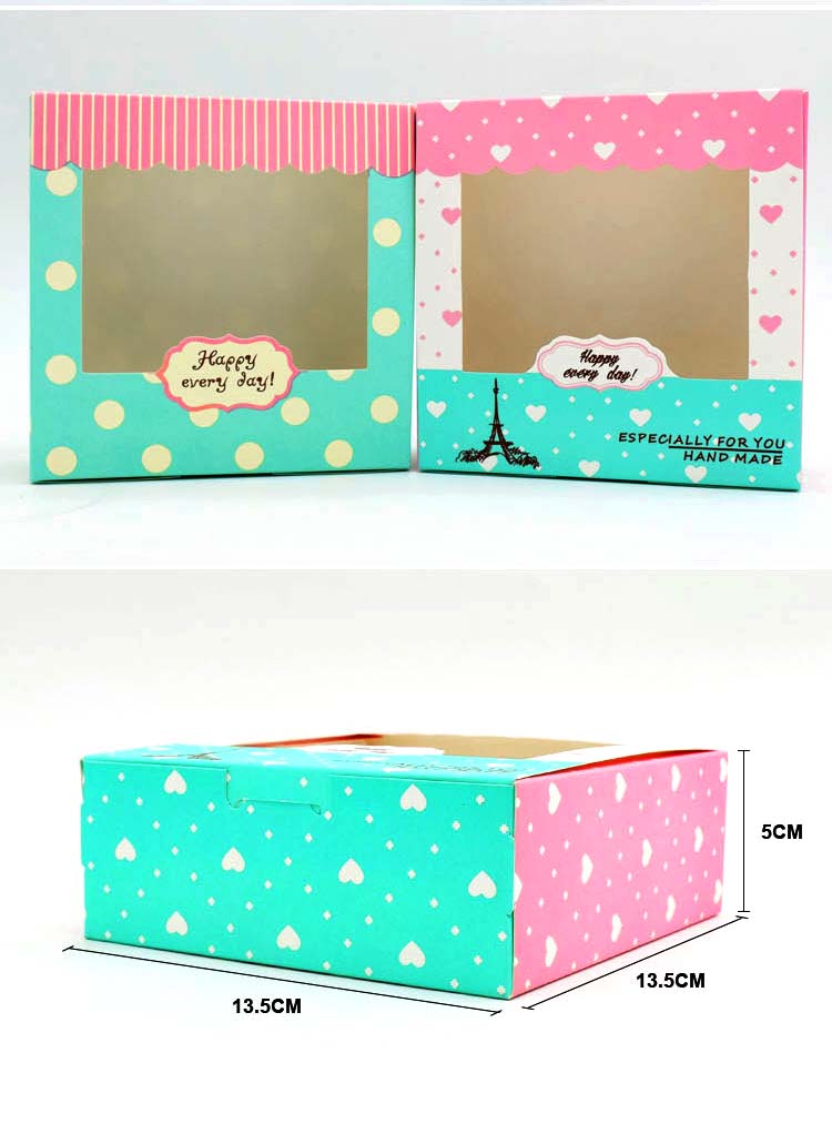 โปรโมชั่น//กล่องสี่จัตุรัส บนฉลุใส 13.5x13.5x5 สีเขียว ชมพู ลายจุดหัวใจ