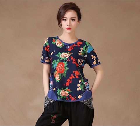 เสื้อจีน สีน้ำเงินลายดอก F138