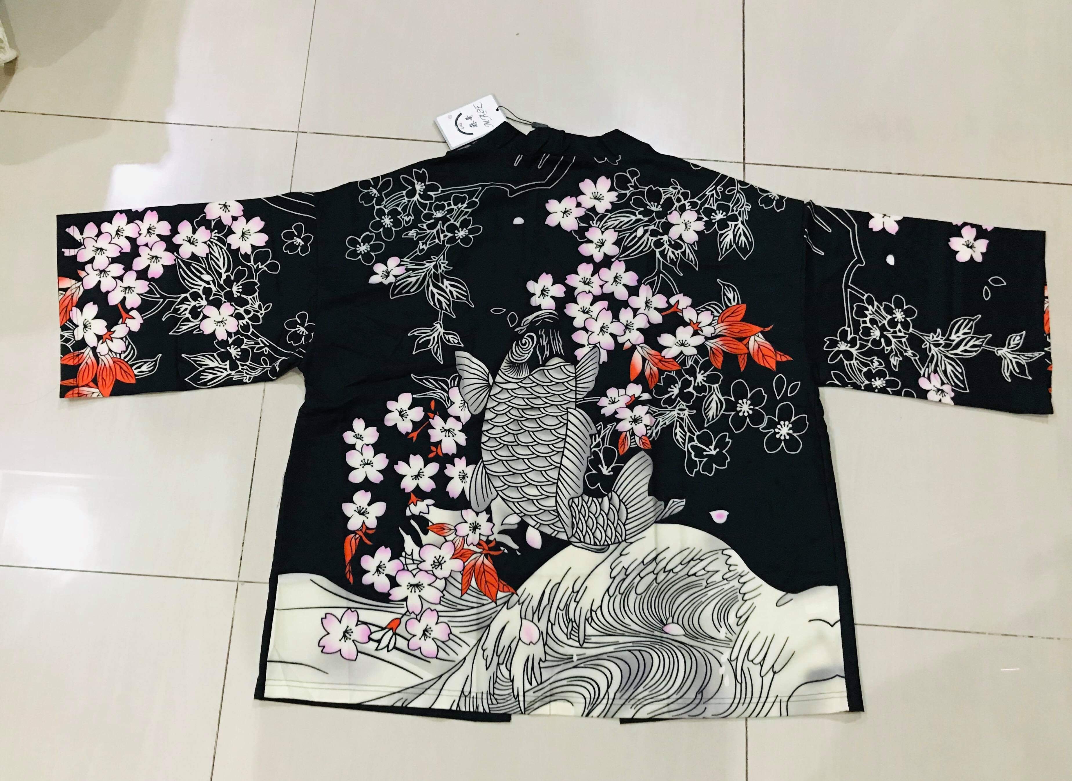 เสื้อแจ๊คเก็ต ผ้าลินิน ลายกิโมโน สีดำ รหัส HOT 60 สินค้าพร้อมส่ง