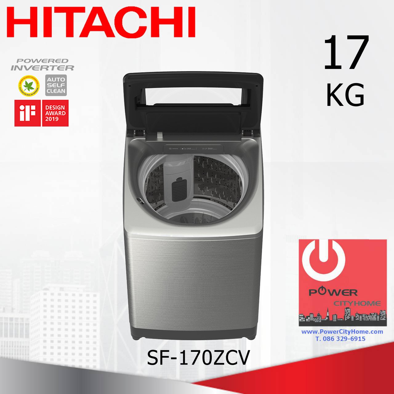 เครื่องซักผ้า Hitachi Dual Jet, Built in Heater 1 ถัง 17 กก. รุ่น SF-170ZCV