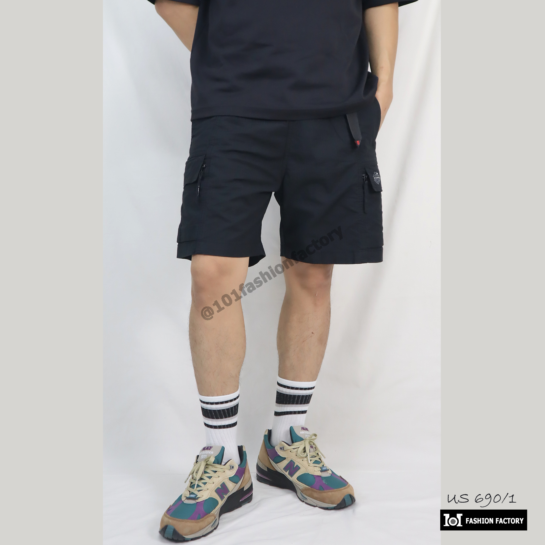ขาสั้นคาร์โก้ No.690/1 กางเกงผู้ชายแฟชั่นวินเทจ ผ้ายืดตารางกันลม สีดำ | US101