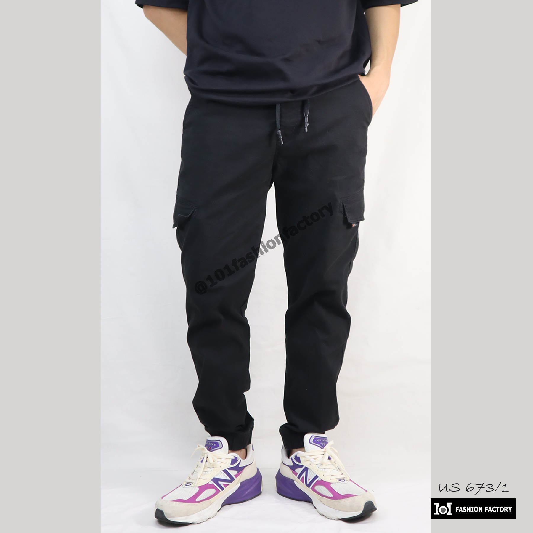 กางเกงจ็อกเกอร์คาร์โก้ No.673/1 Legular Fit เป๋าข้างผ้าทอแทยงยืด สีดำ | US101