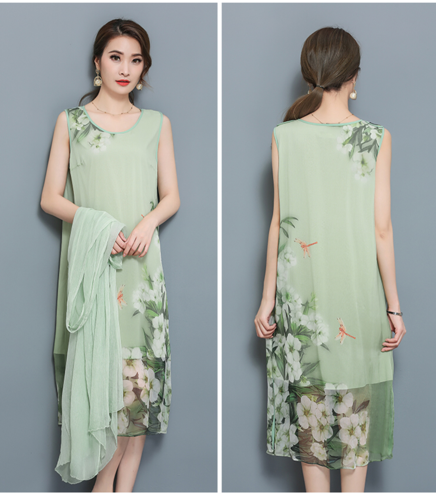 เดรสสีเขียว ผ้าชีฟอง+ผ้าซาติน รหัส SH 71 สินค้าพร้อมส่ง