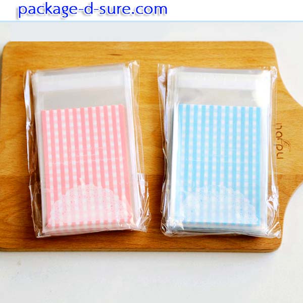 ถุงคุกกี้แถบกาว 7x10 แบบยาว ลายตารางฟ้า แพ็ค 100 ใบ