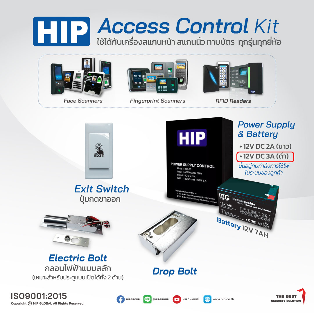 ชุดล็อคเซ็ต Electric Lock + Drop Bolt +Power supply 12V 3A +Battery +Exit switch HIP