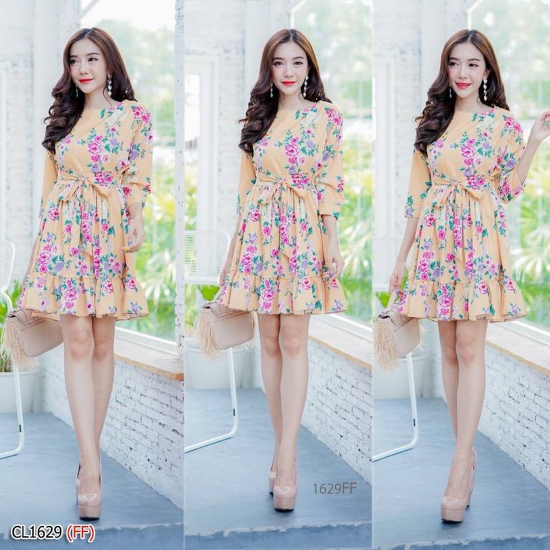 เดรสสั้นสีเหลือง ลายดอก