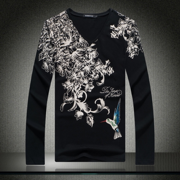 เสื้อผู้ชาย ผ้ายืด คอวี แขนยาวลายดอก สีดำ รหัส SL 75 สินค้าพร้อมส่ง