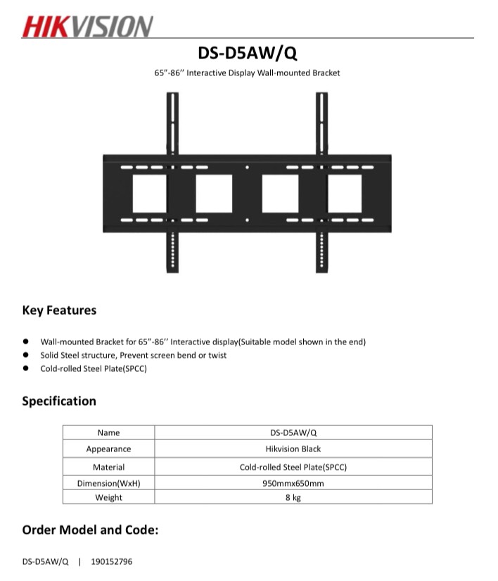 HIKVISION DS-D5AW/Q Wall Mount Bracket Interactive Screen