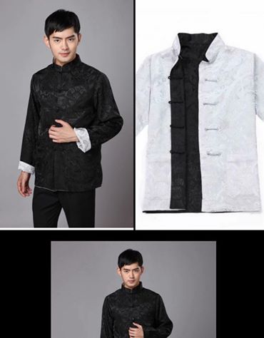 เสื้อจีนผ้า ไหมจีน. สีดำ+ขาวเทา ใส่กลับได้ 2 สีรหัส.O128. สินค้าพร้อมส่ง