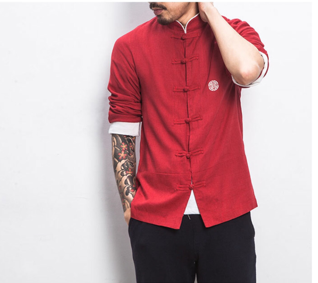 เสื้อจีนชาย ผ้าฝ้ายสีแดง ลายปัก C104 สินค้าพร้อมส่ง