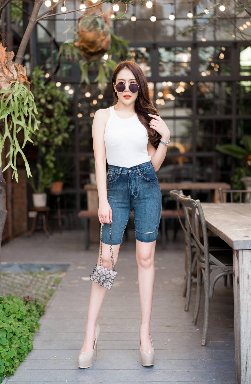 กางเกงยีนส์ 3 ส่วน สีดำ ปาดข้าง-BB09