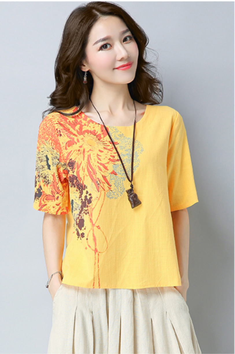 เสื้อผ้าฝ้าย แบบสวมหัว สีเหลืองลายสกรีน รหัส HM 28สินค้าพร้อมส่ง