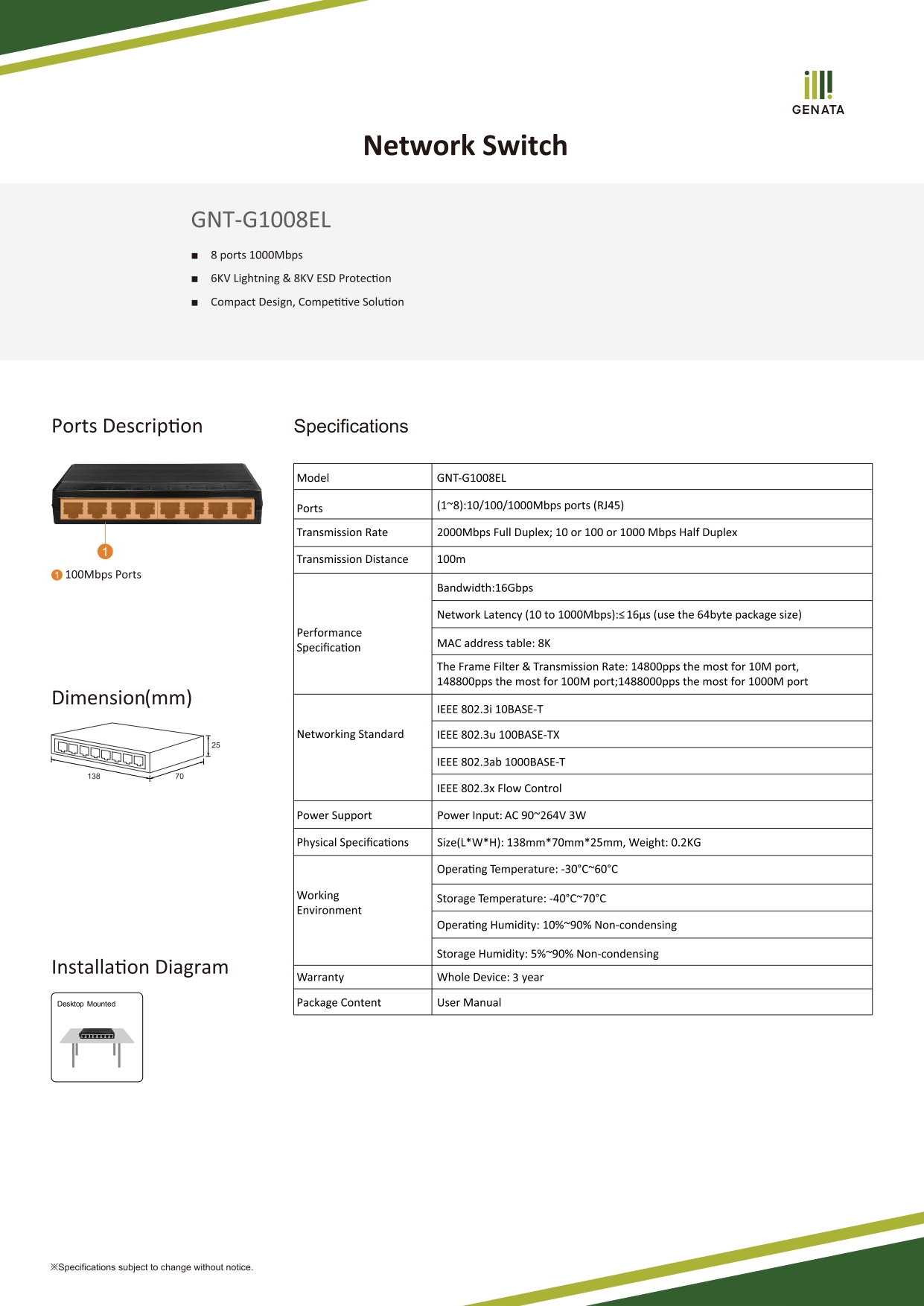 Hub Network Switch 8 Port Geneta รุ่น GNT-G1008EL รับประกันสินค้า 3 ปี