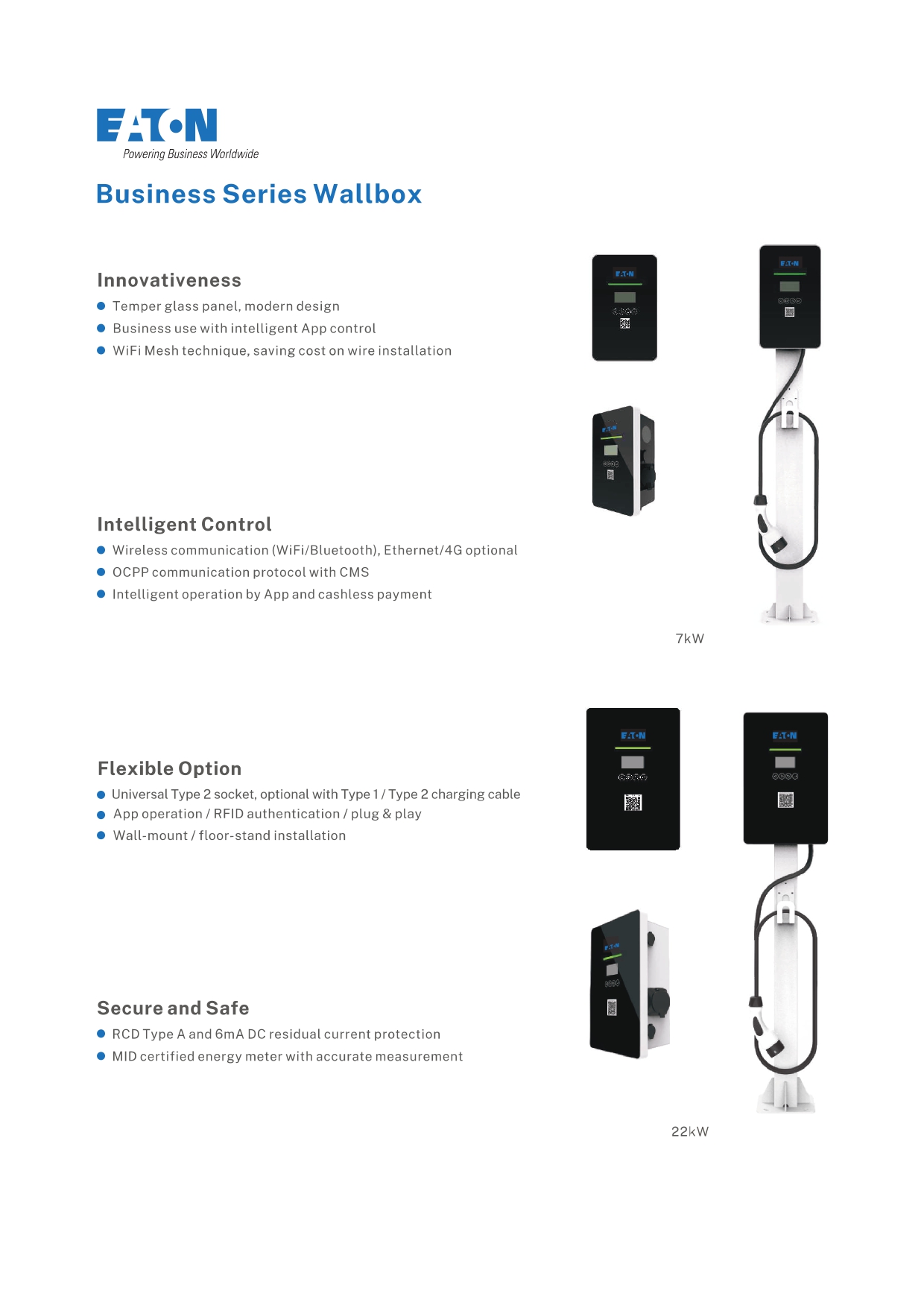 เครื่องชาร์จรถยนต์ไฟฟ้า 3เฟส รุ่น Business 22kW(Wifi + Ethernet) Free mobile app Business 22kW 4M Type 2 WiFi, Ethernet
