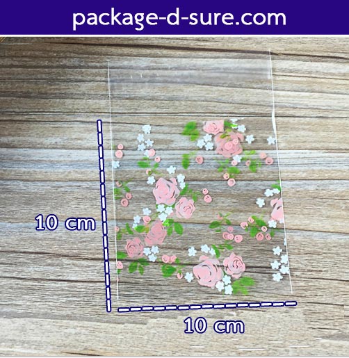 ถุงคุกกี้ แถบกาวใส 10x10 ลายดอกกุหลาบชมพู-ขาว แพ็ค 100 ใบ