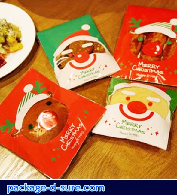 โปรโมชั่น//ถุงคุกกี้มีแถบกาว 10x10 ลายซานตาครอส สีเขียว แพ็ค 100 ใบ