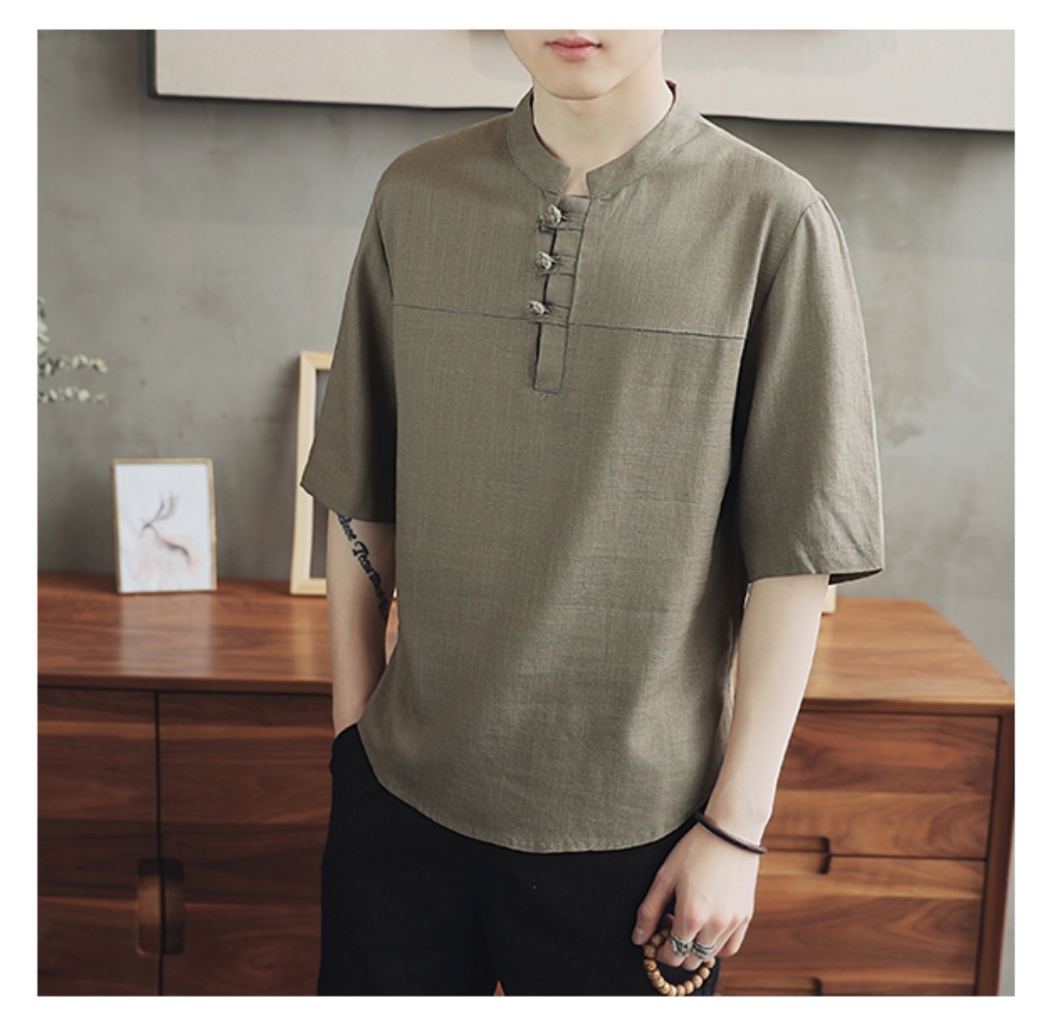 เสื้อผู้ชาย ผ้าลินิน สีน้ำตาลอ่อน รหัส FO 74 สินค้าพร้อมส่ง