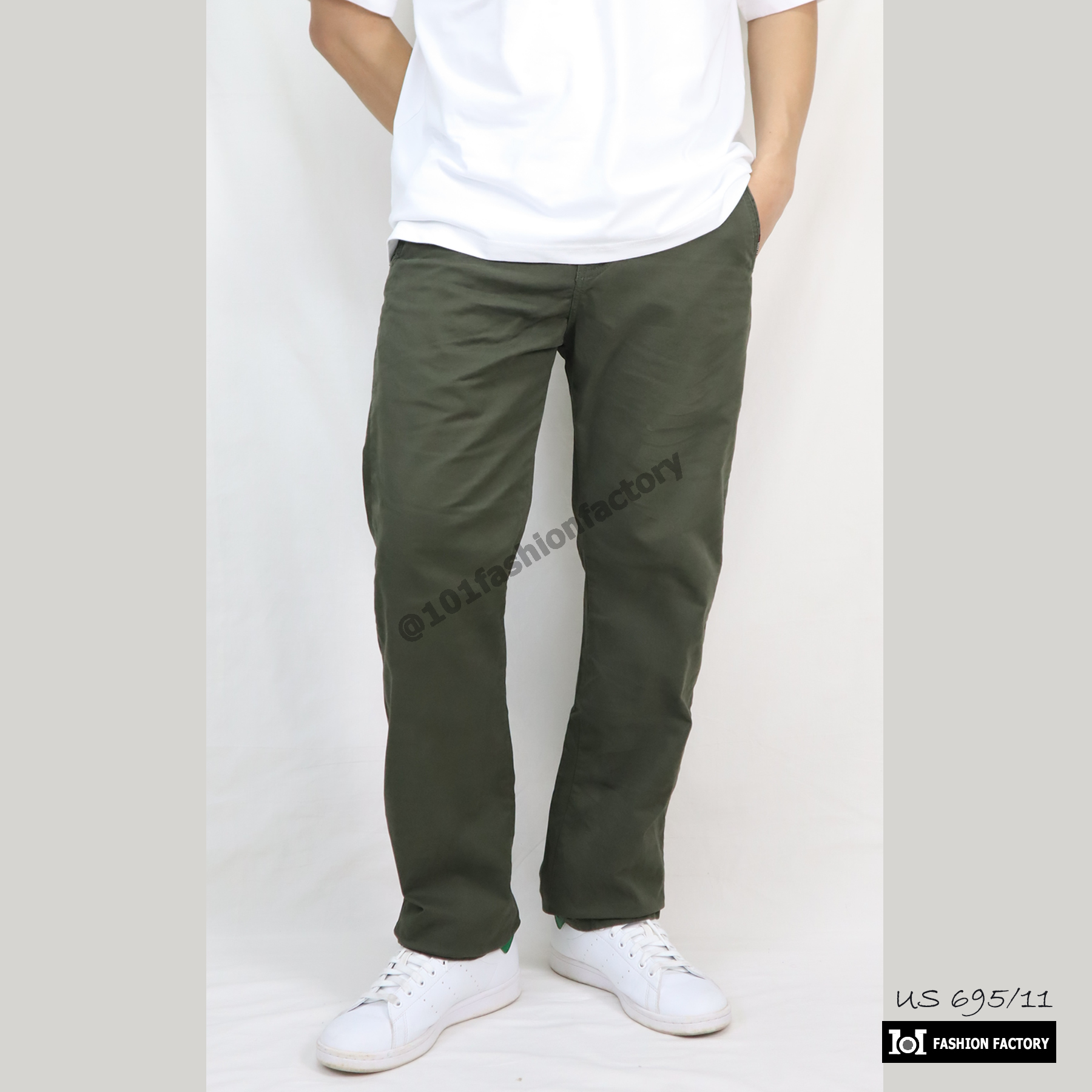กางเกงขายาวทรงกระบอก NO.695/11 สไตล์คลาสลิคผ้ายืดคอตตอนทวิล สีขี้ม้า | US101